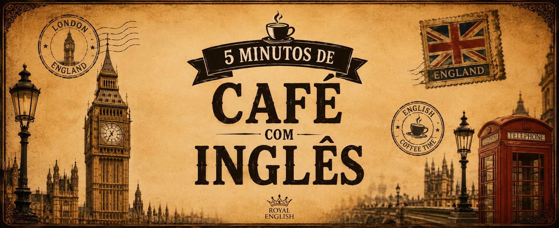 Capa do curso 5 Minutos de Café com Inglês, com Big Ben e cabine telefônica de Londres